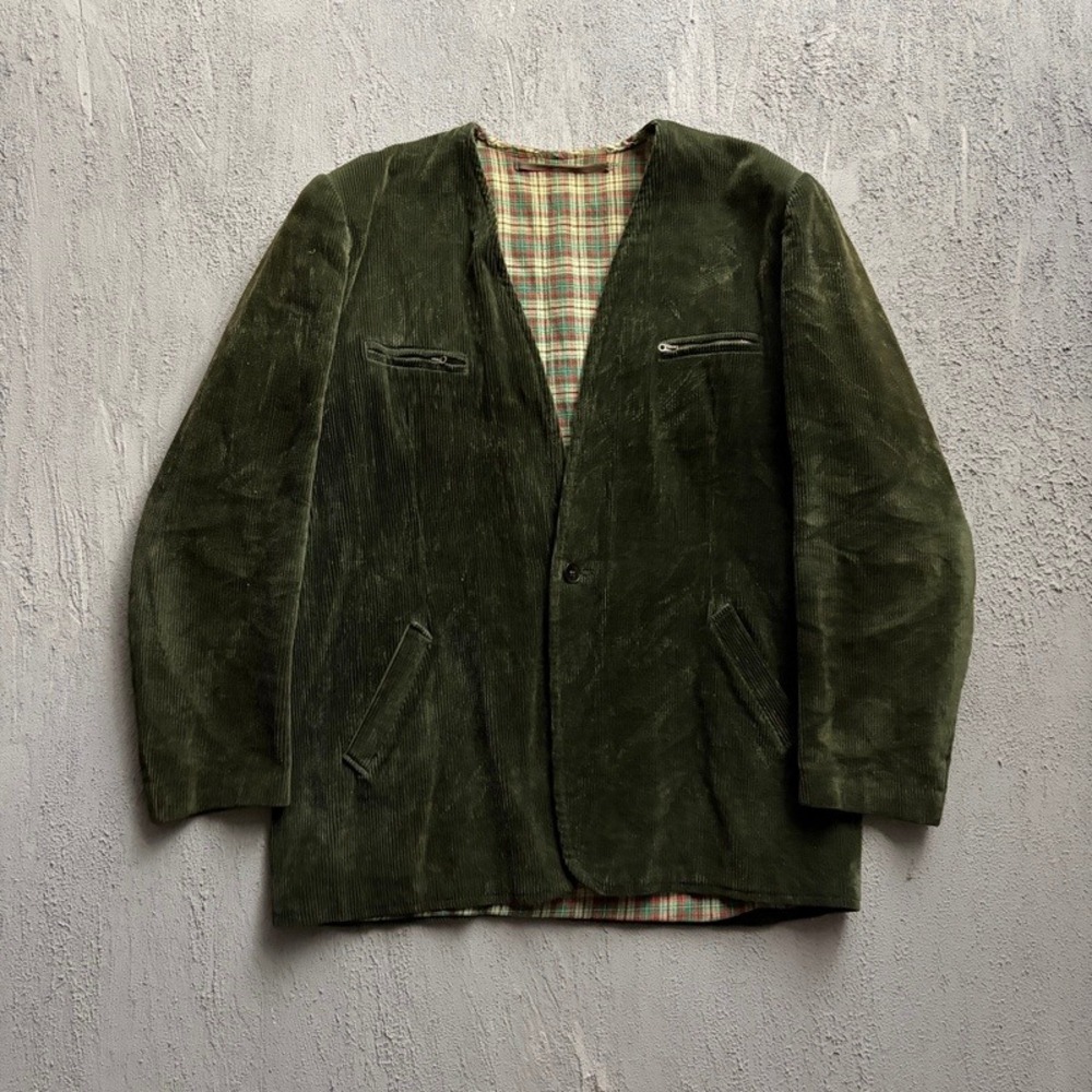 Vintage Corduroy Blazer Jacket Medium Green 1970s Plaid Lined Collarless V-Neck